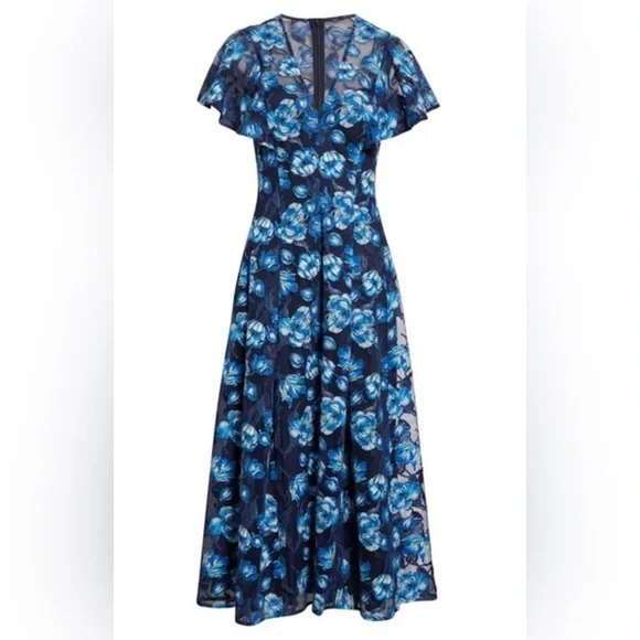 Lela Rose | Dresses | Lela Rose Vneck Floral Embroidered Tulle Midi Dress |  Poshmark